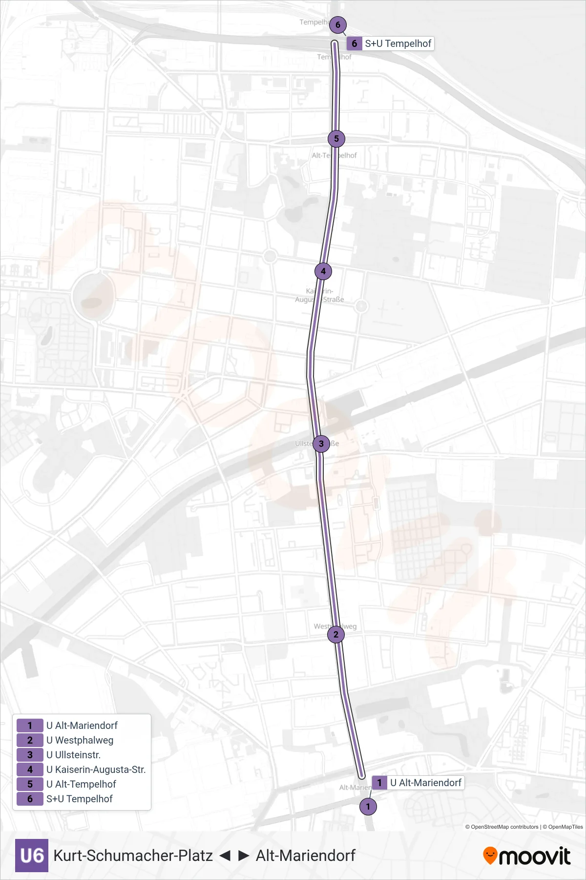 Linie U6 (U-Bahn) Richtung Tempelhof: Route und Haltestellen auf der Karte