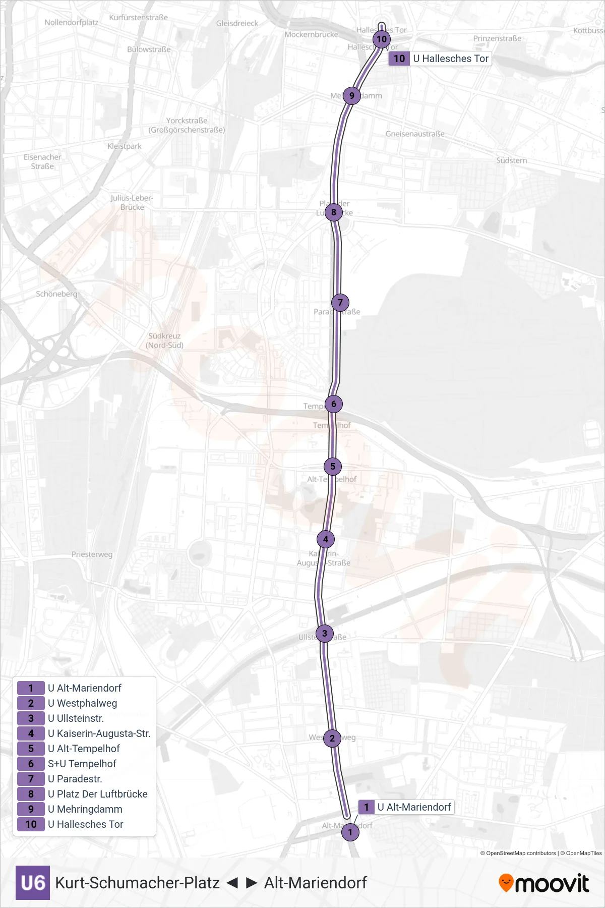 Linie U6 (U-Bahn) Richtung Hallesches Tor: Route und Haltestellen auf der Karte