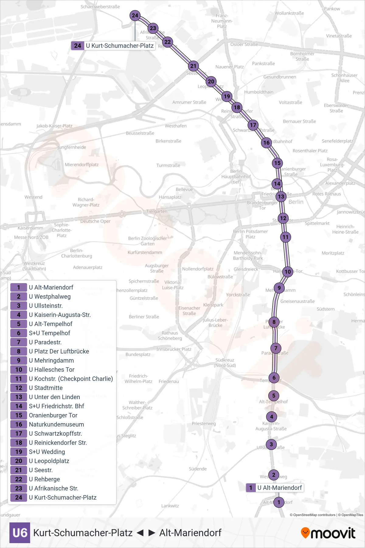 Linie U6 (U-Bahn) Richtung Kurt-Schumacher-Platz: Route und Haltestellen auf der Karte