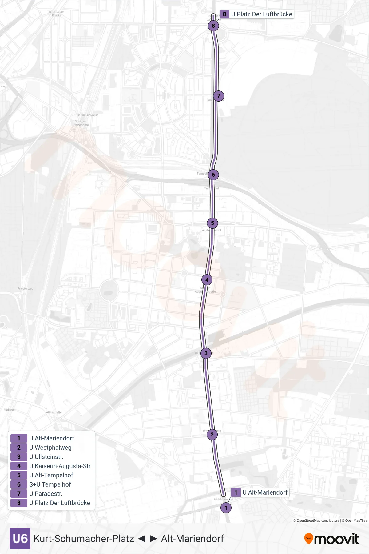 Linie U6 (U-Bahn) Richtung Platz Der Luftbrücke: Route und Haltestellen auf der Karte