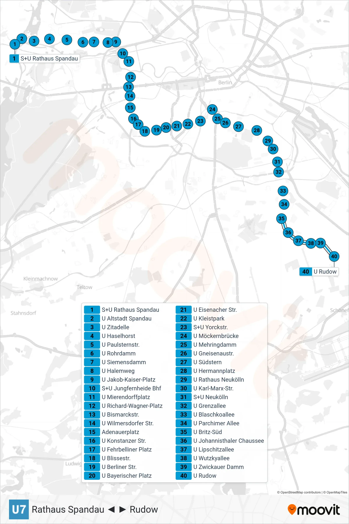 Linie U7 (U-Bahn) Richtung Rudow: Route und Haltestellen auf der Karte