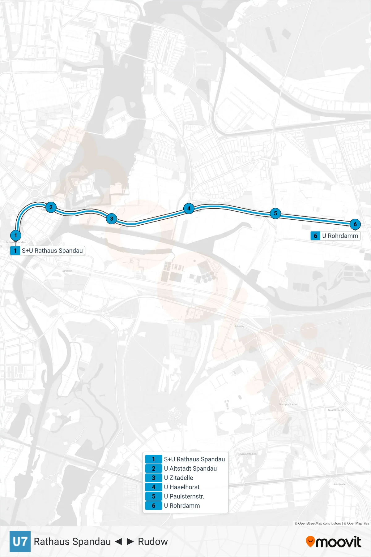 Linie U7 (U-Bahn) Richtung Rohrdamm: Route und Haltestellen auf der Karte