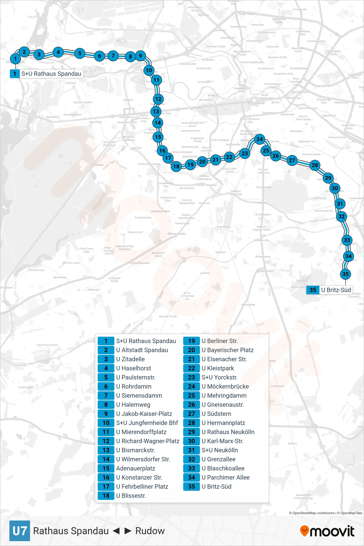 Linie U7 (U-Bahn) Richtung Britz-Süd: Route und Haltestellen auf der Karte