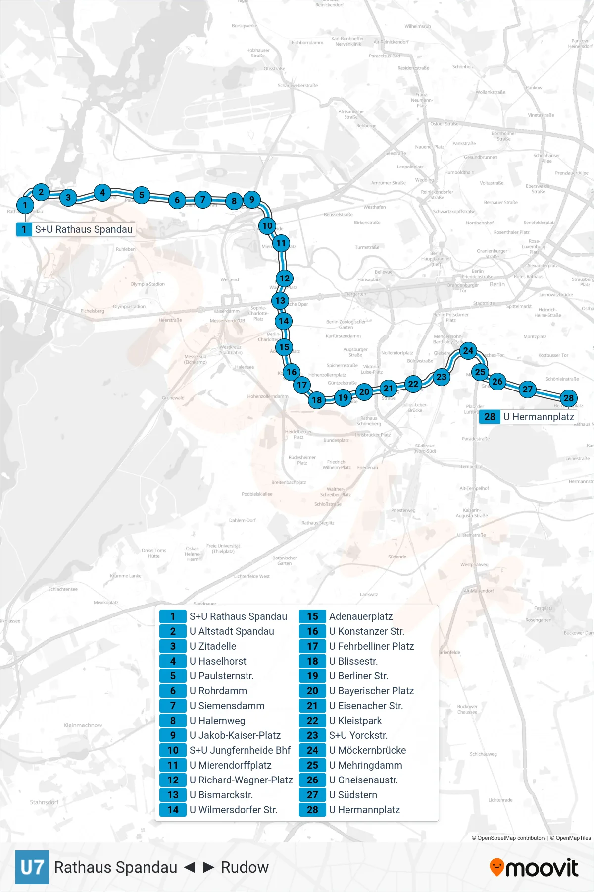 Linie U7 (U-Bahn) Richtung Hermannplatz: Route und Haltestellen auf der Karte