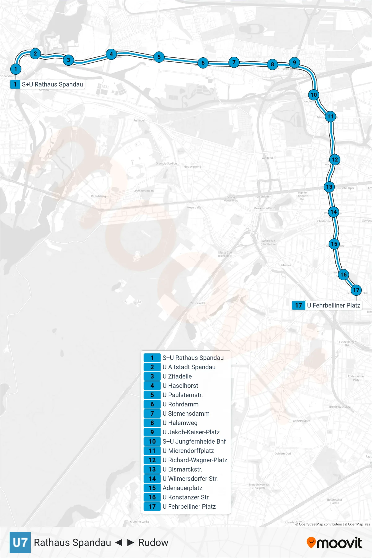 Linie U7 (U-Bahn) Richtung Fehrbelliner Platz: Route und Haltestellen auf der Karte