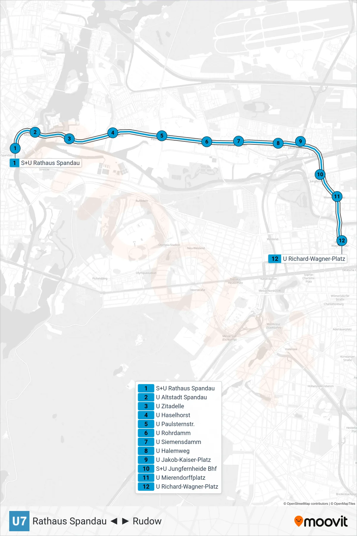 Linie U7 (U-Bahn) Richtung Richard-Wagner-Platz: Route und Haltestellen auf der Karte