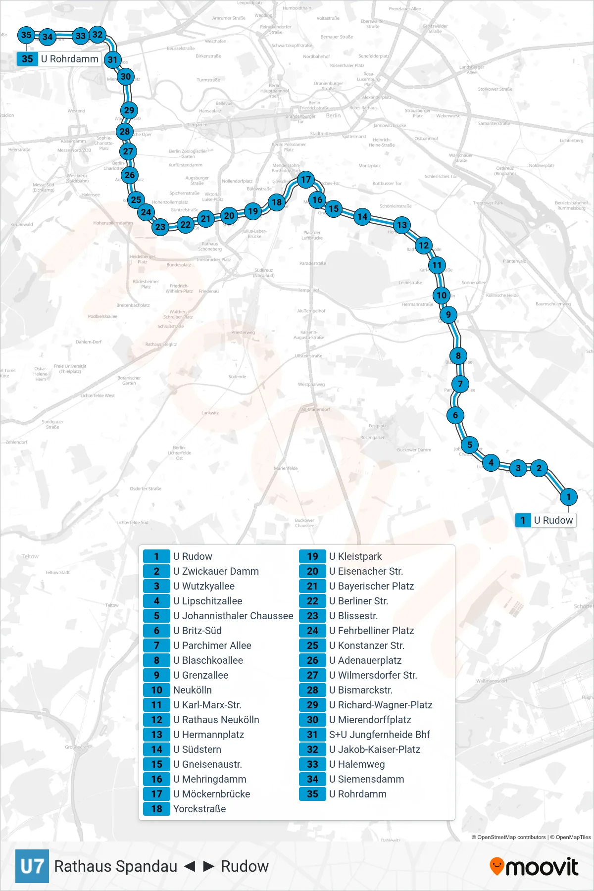 Linie U7 (U-Bahn) Richtung Rohrdamm: Route und Haltestellen auf der Karte