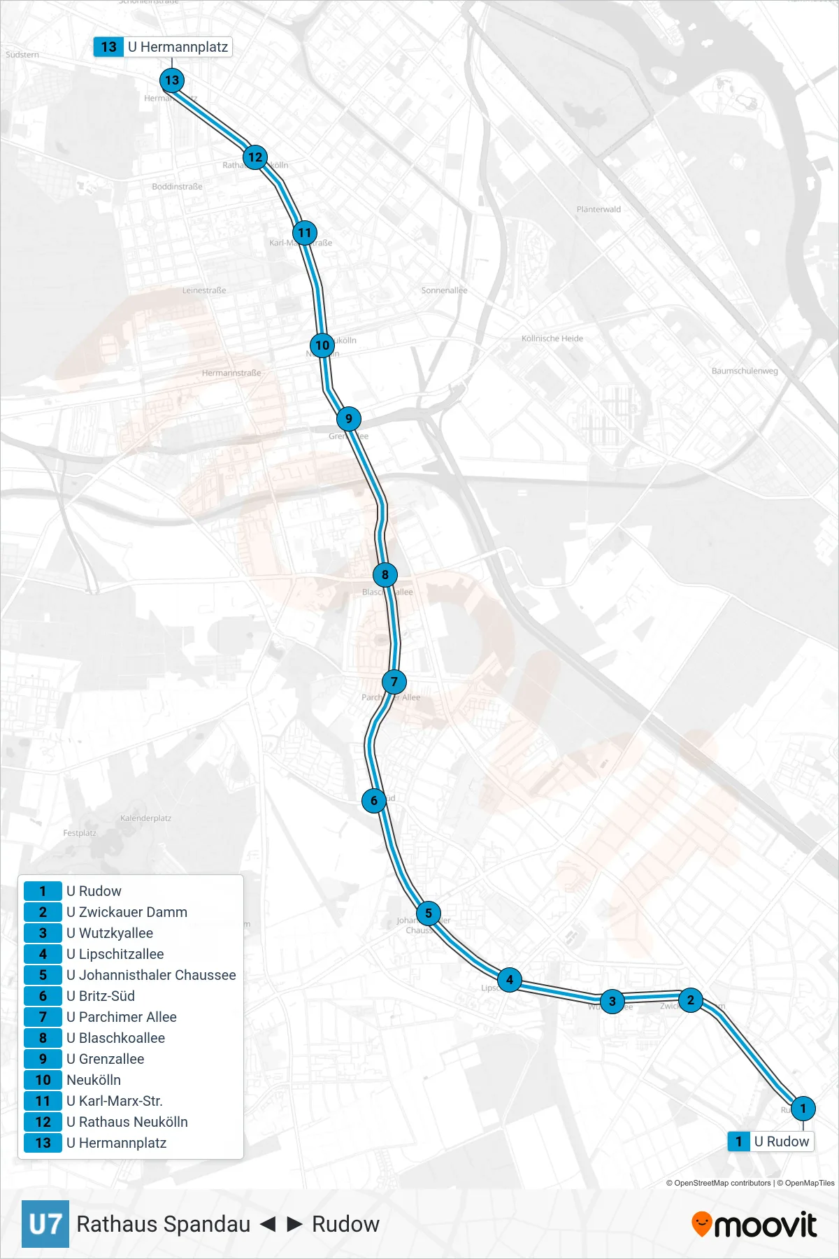 Linie U7 (U-Bahn) Richtung Hermannplatz: Route und Haltestellen auf der Karte
