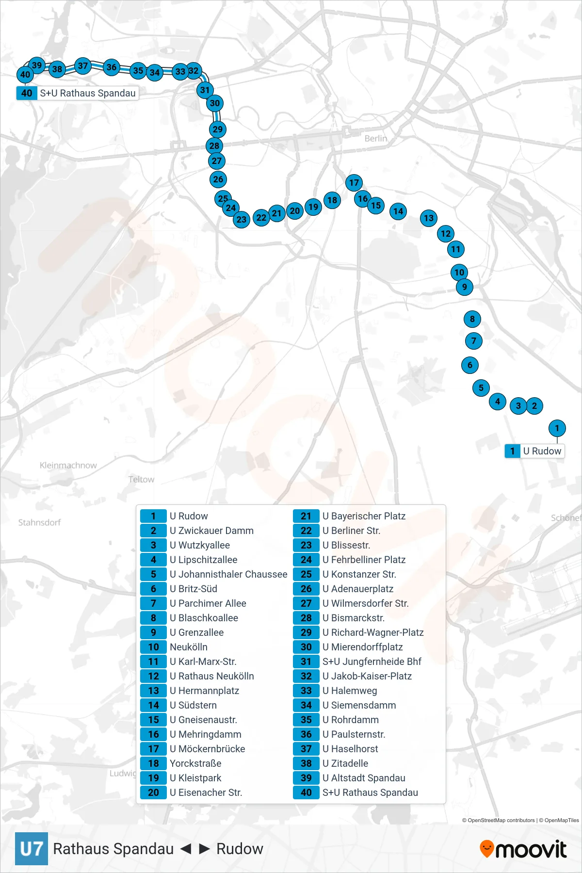 Linie U7 (U-Bahn) Richtung Rathaus Spandau: Route und Haltestellen auf der Karte