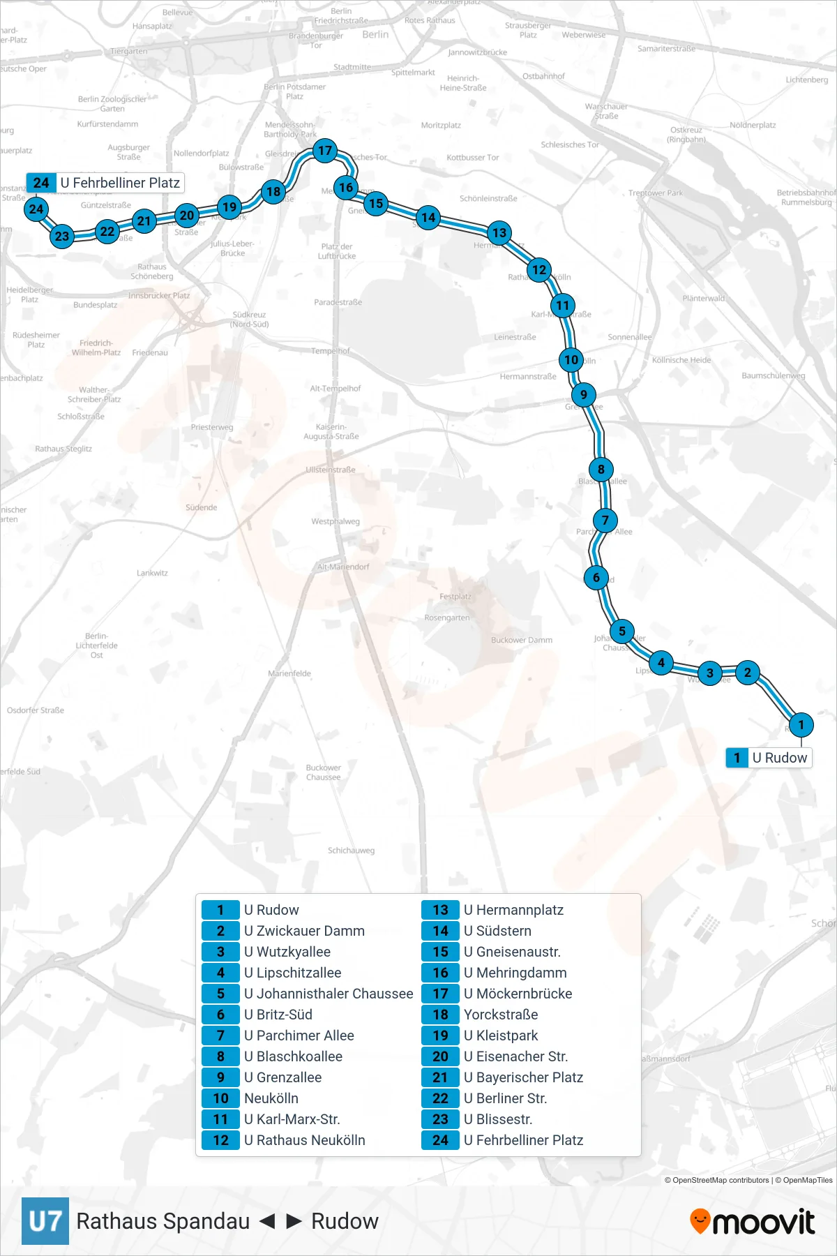 U7 subway Line (Fehrbelliner Platz) route and stops on a map