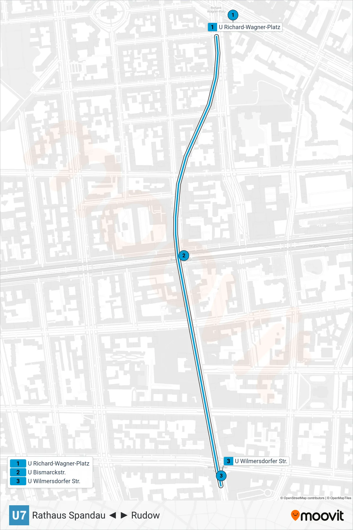 Linie U7 (U-Bahn) Richtung Wilmersdorfer Str.: Route und Haltestellen auf der Karte