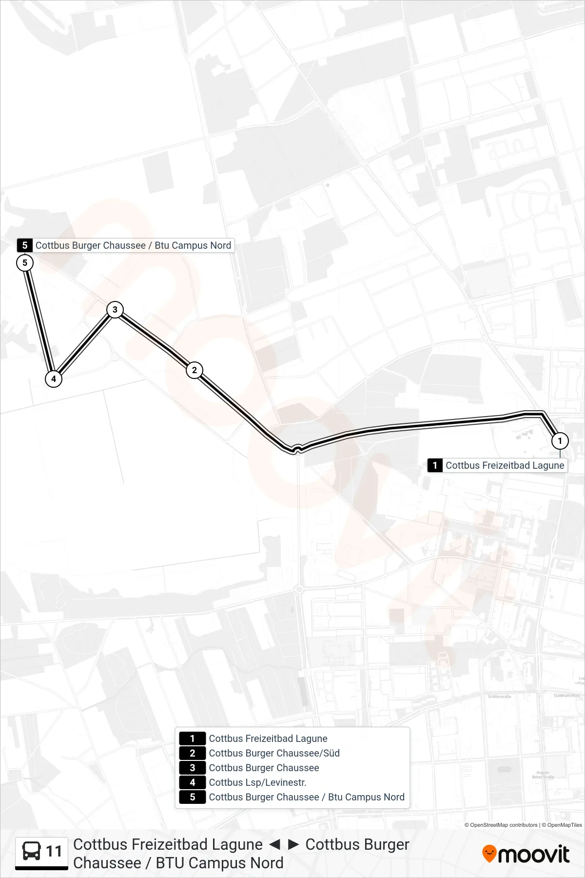 Linie 11 (Bus) Richtung Cottbus Burger Chaussee / Btu Campus Nord: Route und Haltestellen auf der Karte