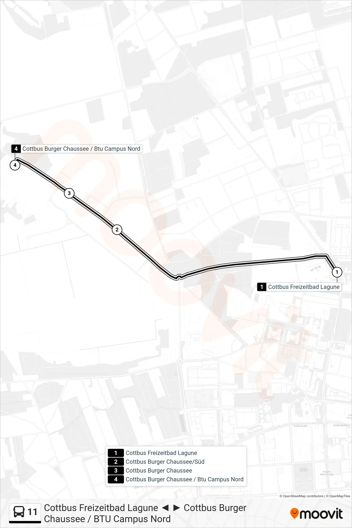 Linie 11 (Bus) Richtung Cottbus Burger Chaussee / Btu Campus Nord: Route und Haltestellen auf der Karte
