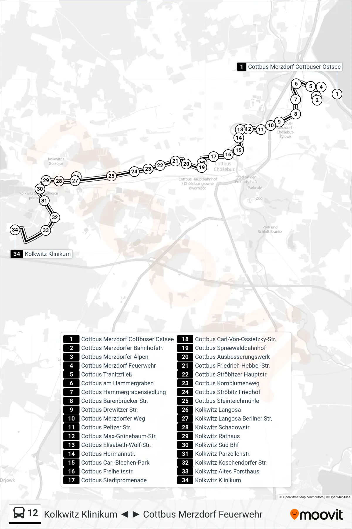 Linie 12 (Bus) Richtung Kolkwitz Klinikum: Route und Haltestellen auf der Karte