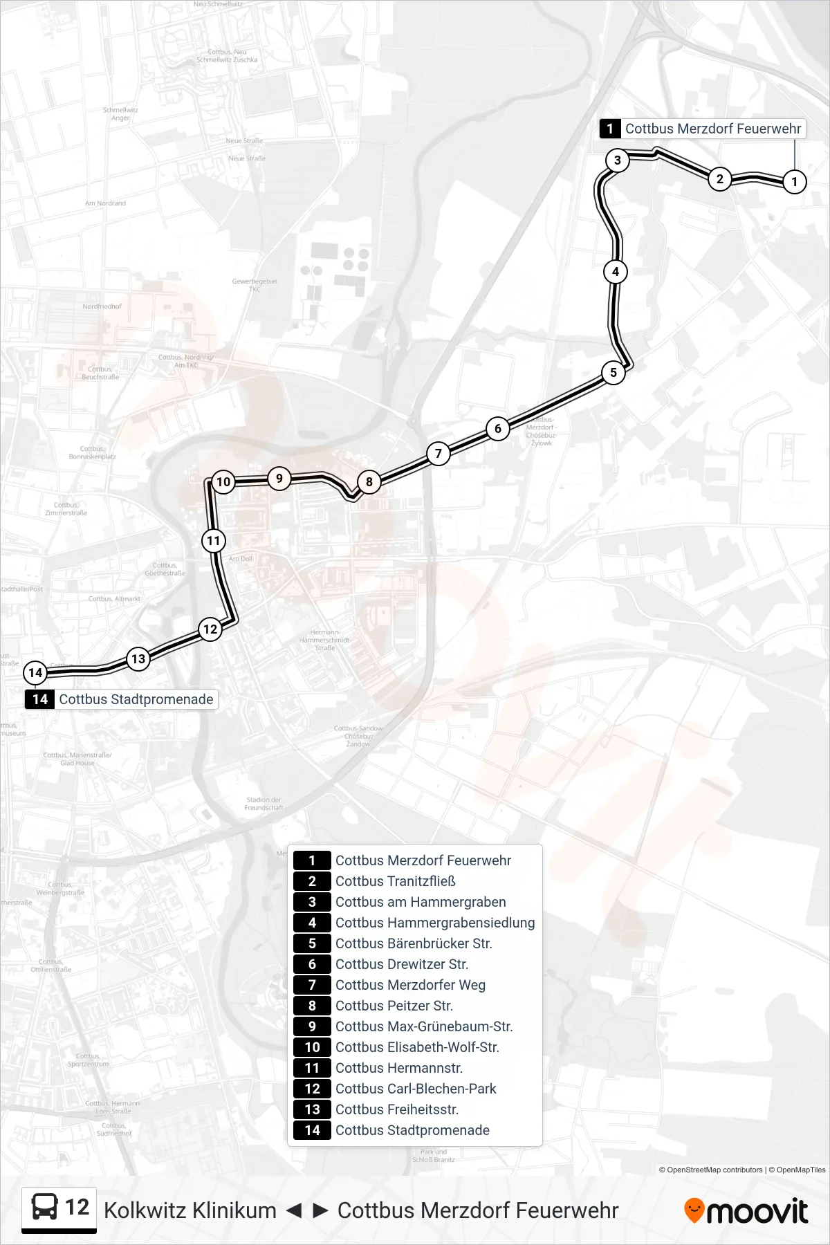 Linie 12 (Bus) Richtung Cottbus Stadtpromenade: Route und Haltestellen auf der Karte