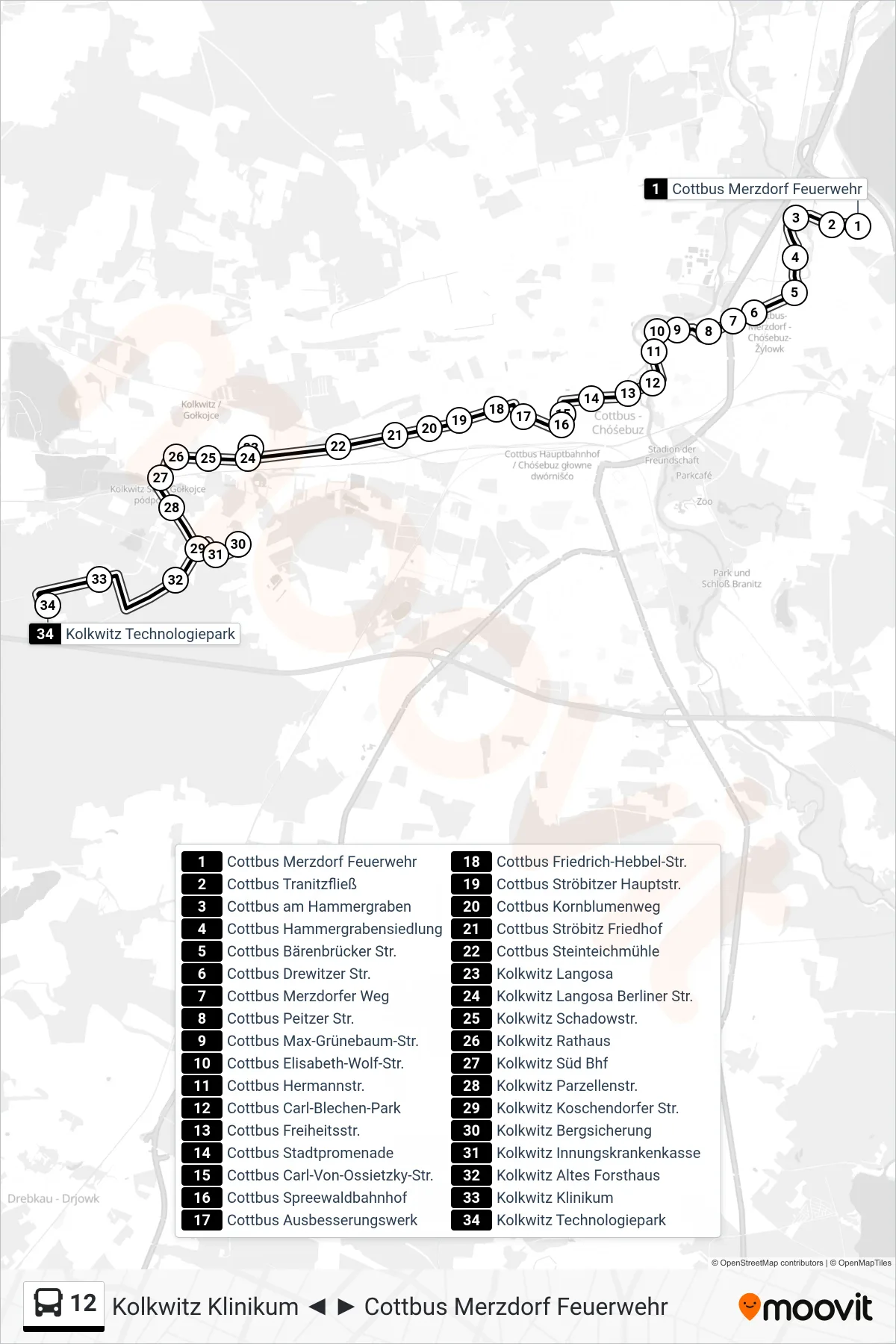 Linie 12 (Bus) Richtung Kolkwitz Technologiepark: Route und Haltestellen auf der Karte