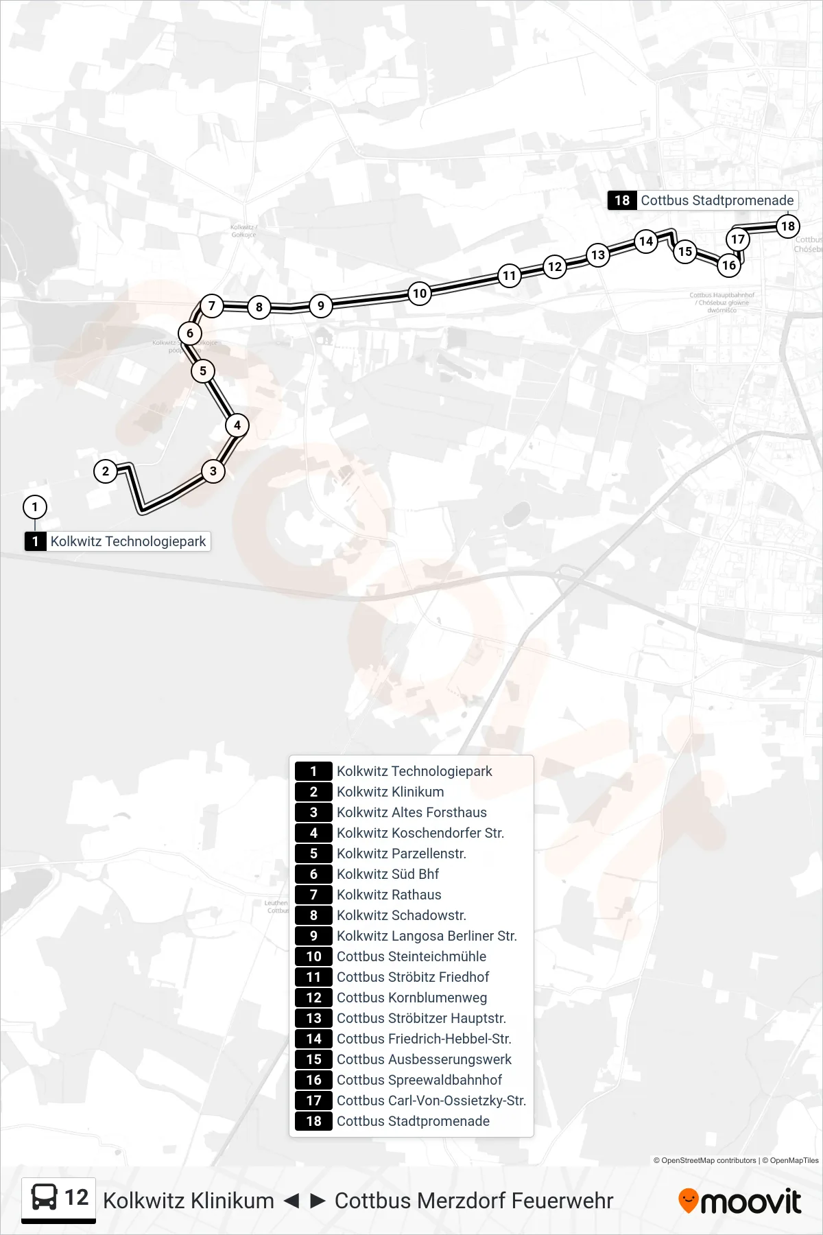 Linie 12 (Bus) Richtung Cottbus Stadtpromenade: Route und Haltestellen auf der Karte