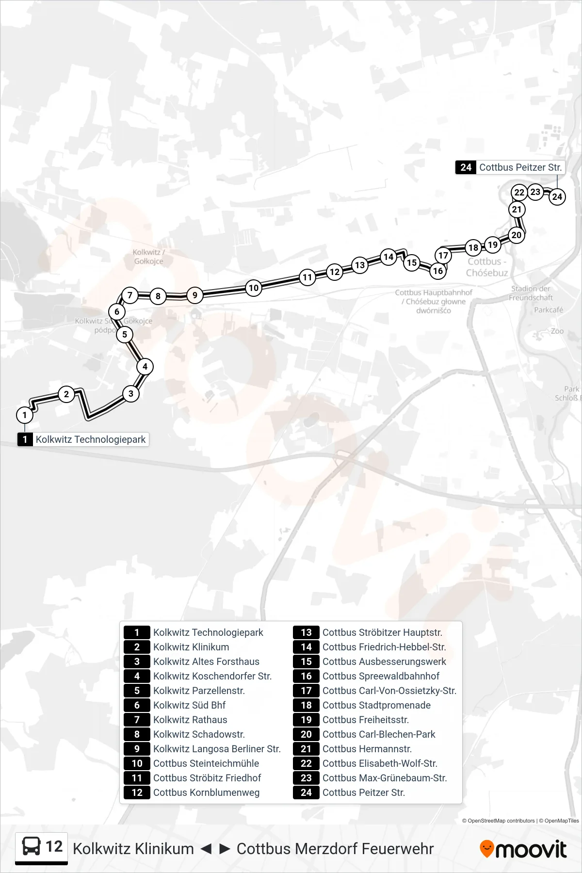 Linie 12 (Bus) Richtung Cottbus Peitzer Str.: Route und Haltestellen auf der Karte