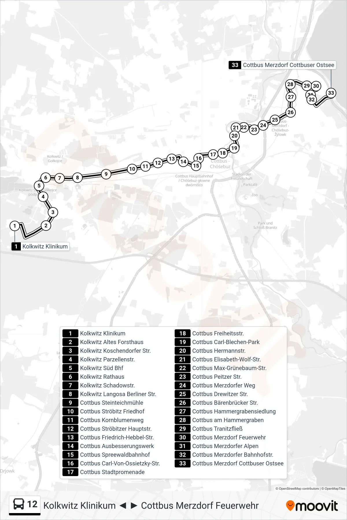 Linie 12 (Bus) Richtung Cottbus Merzdorf Cottbuser Ostsee: Route und Haltestellen auf der Karte