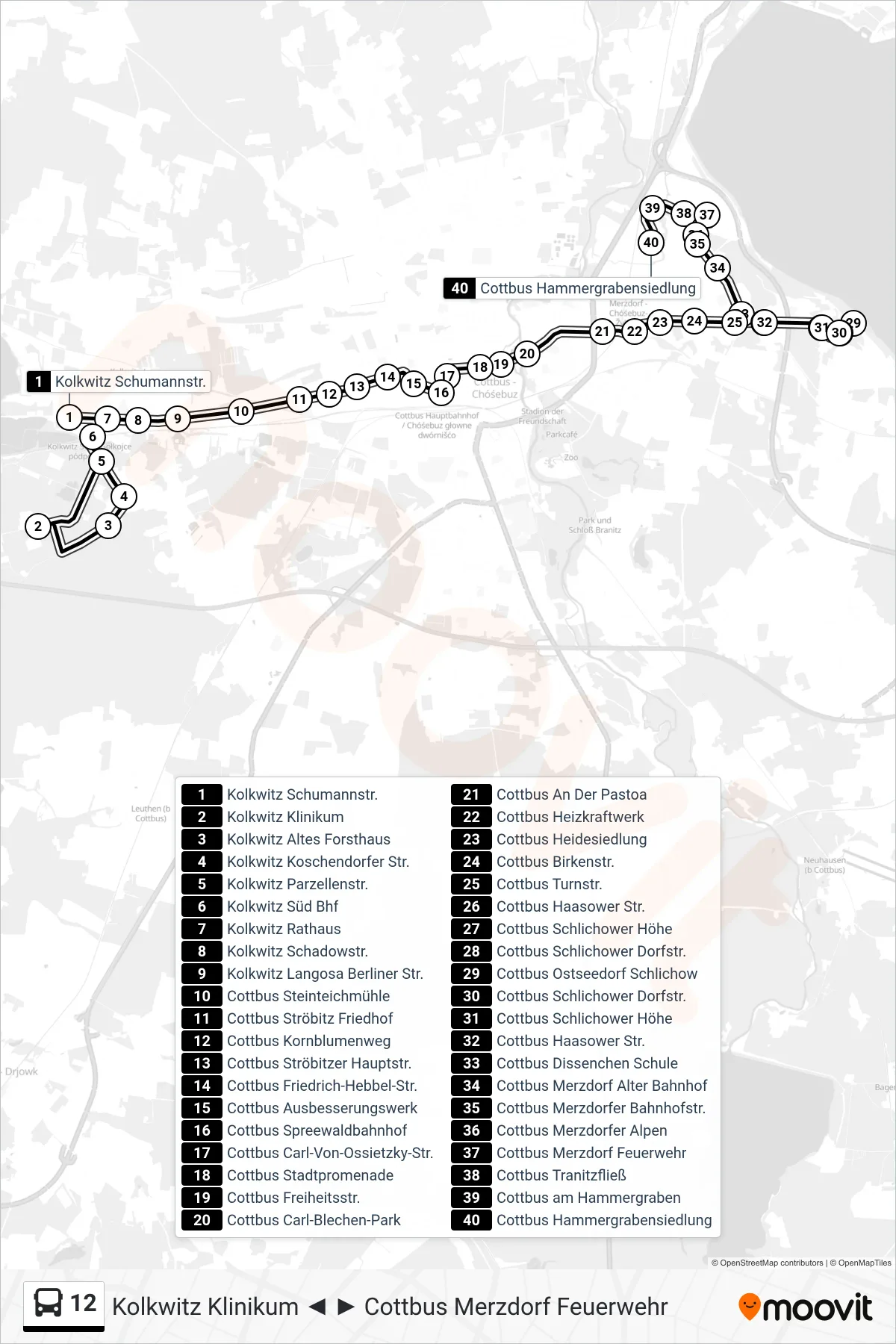 Linie 12 (Bus) Richtung Cottbus Hammergrabensiedlung: Route und Haltestellen auf der Karte