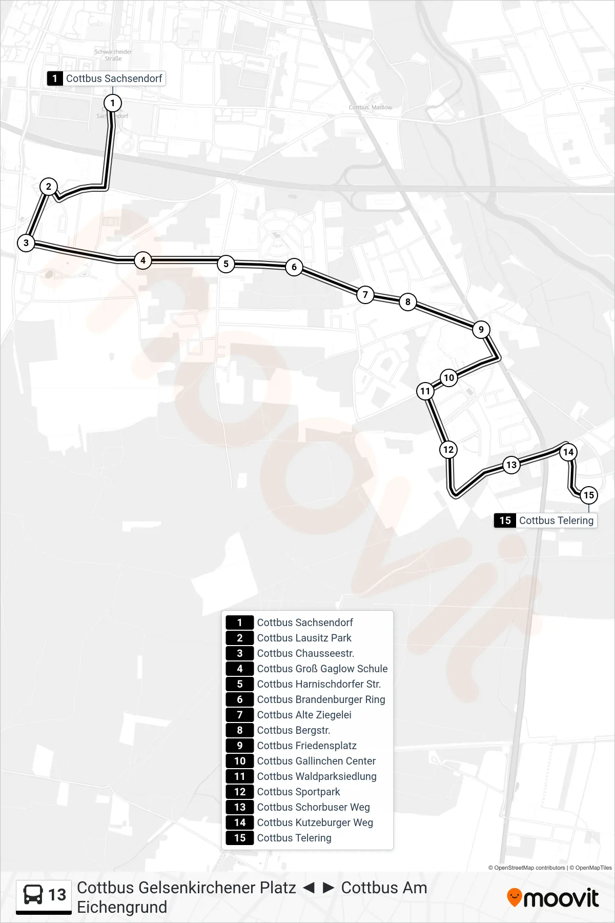 Linie 13 (Bus) Richtung Cottbus Telering: Route und Haltestellen auf der Karte