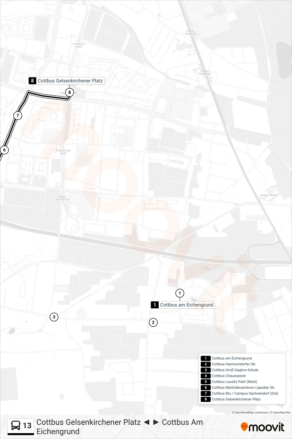 Linie 13 (Bus) Richtung Cottbus Gelsenkirchener Platz: Route und Haltestellen auf der Karte