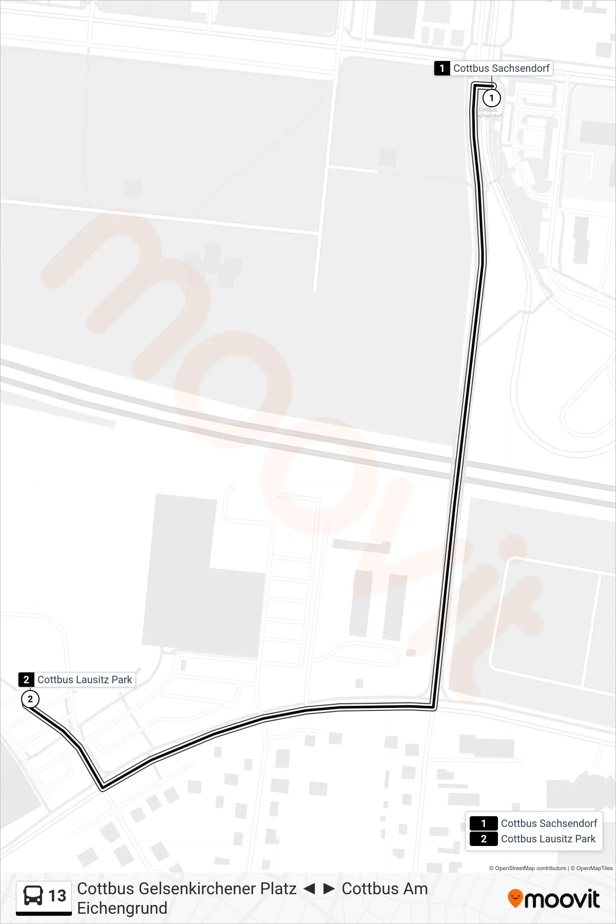 Linie 13 (Bus) Richtung Cottbus Lausitz Park: Route und Haltestellen auf der Karte