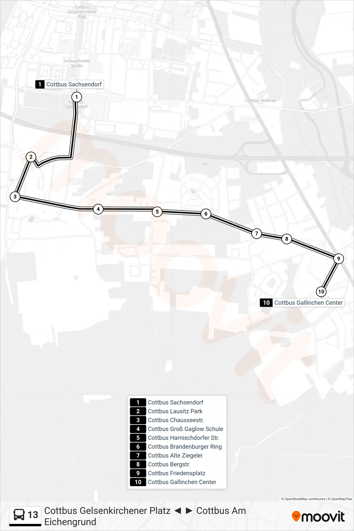 Linie 13 (Bus) Richtung Cottbus Gallinchen Center: Route und Haltestellen auf der Karte