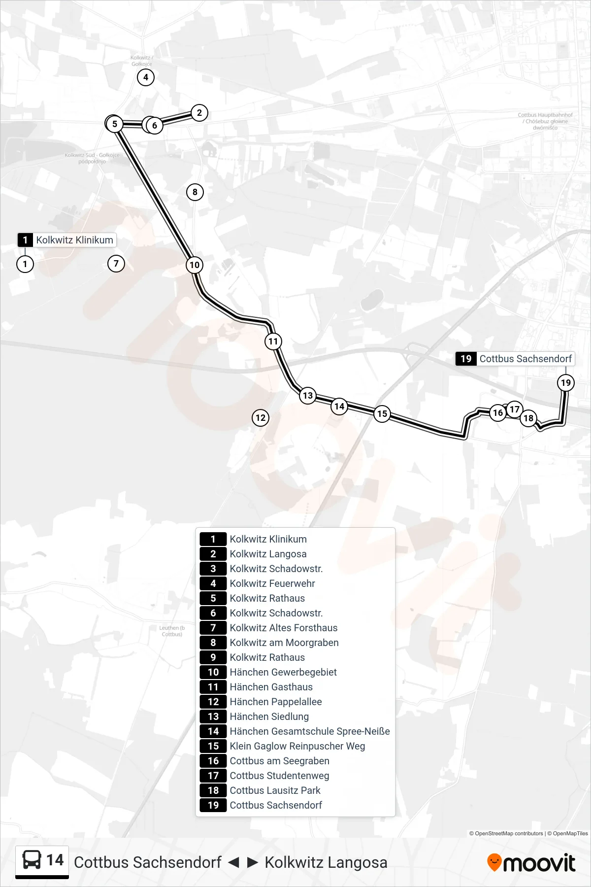 Linie 14 (Bus) Richtung Cottbus Sachsendorf: Route und Haltestellen auf der Karte