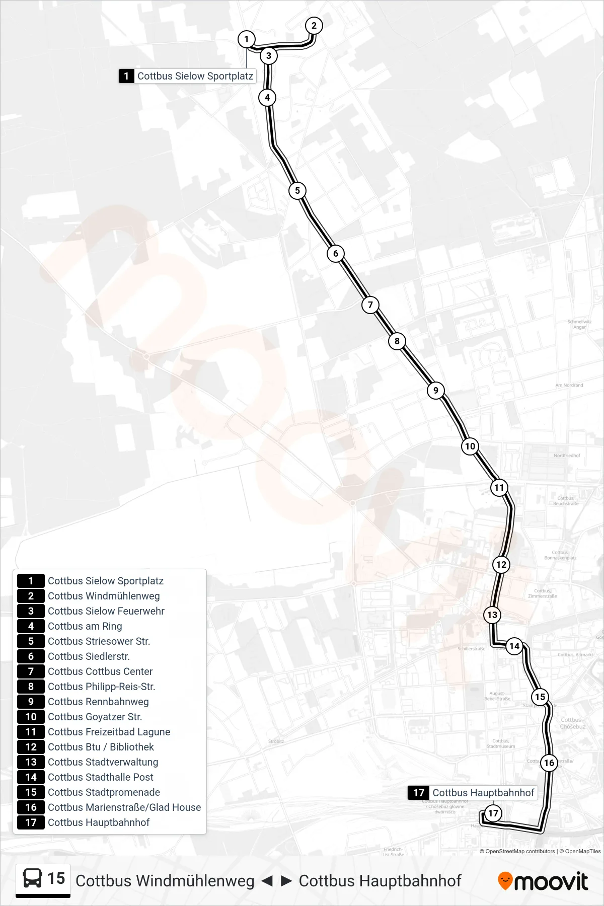 Linie 15 (Bus) Richtung Cottbus Hauptbahnhof: Route und Haltestellen auf der Karte