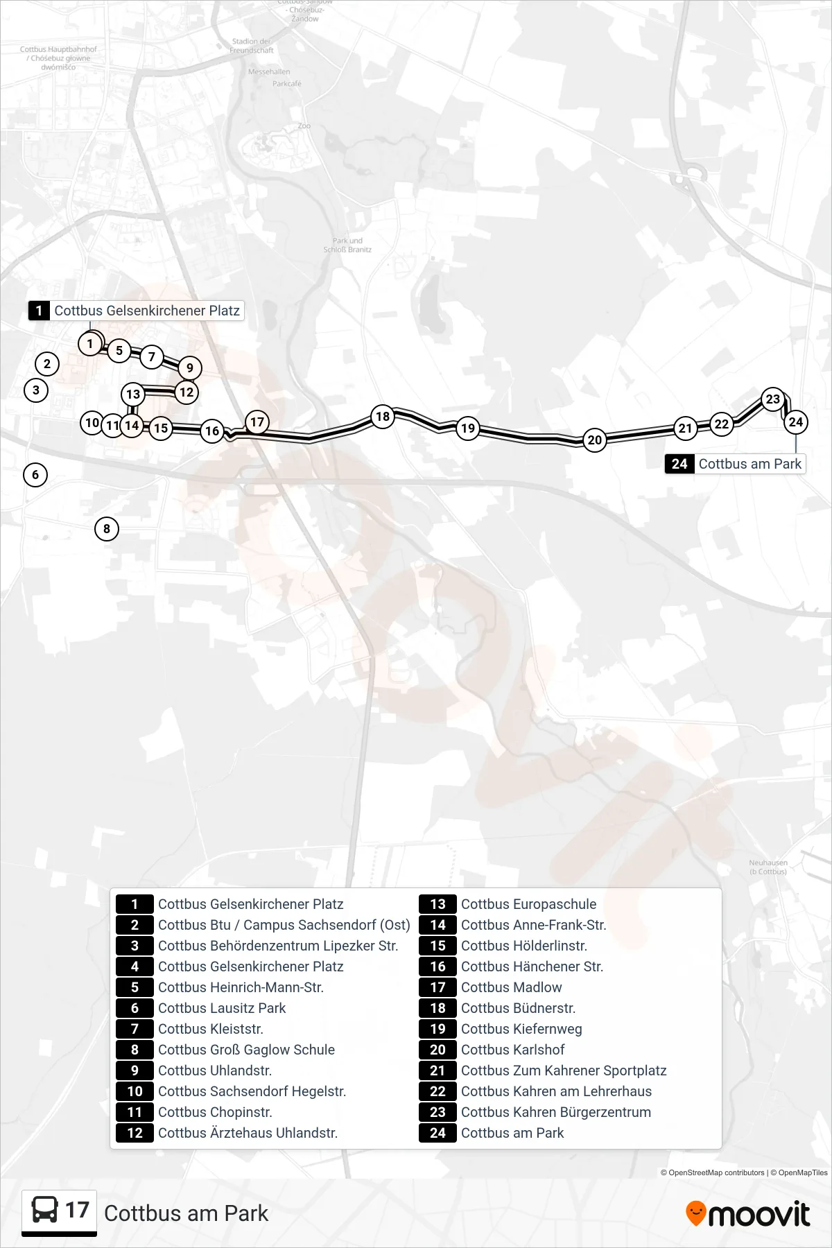 Linie 17 (Bus) Richtung Cottbus am Park: Route und Haltestellen auf der Karte