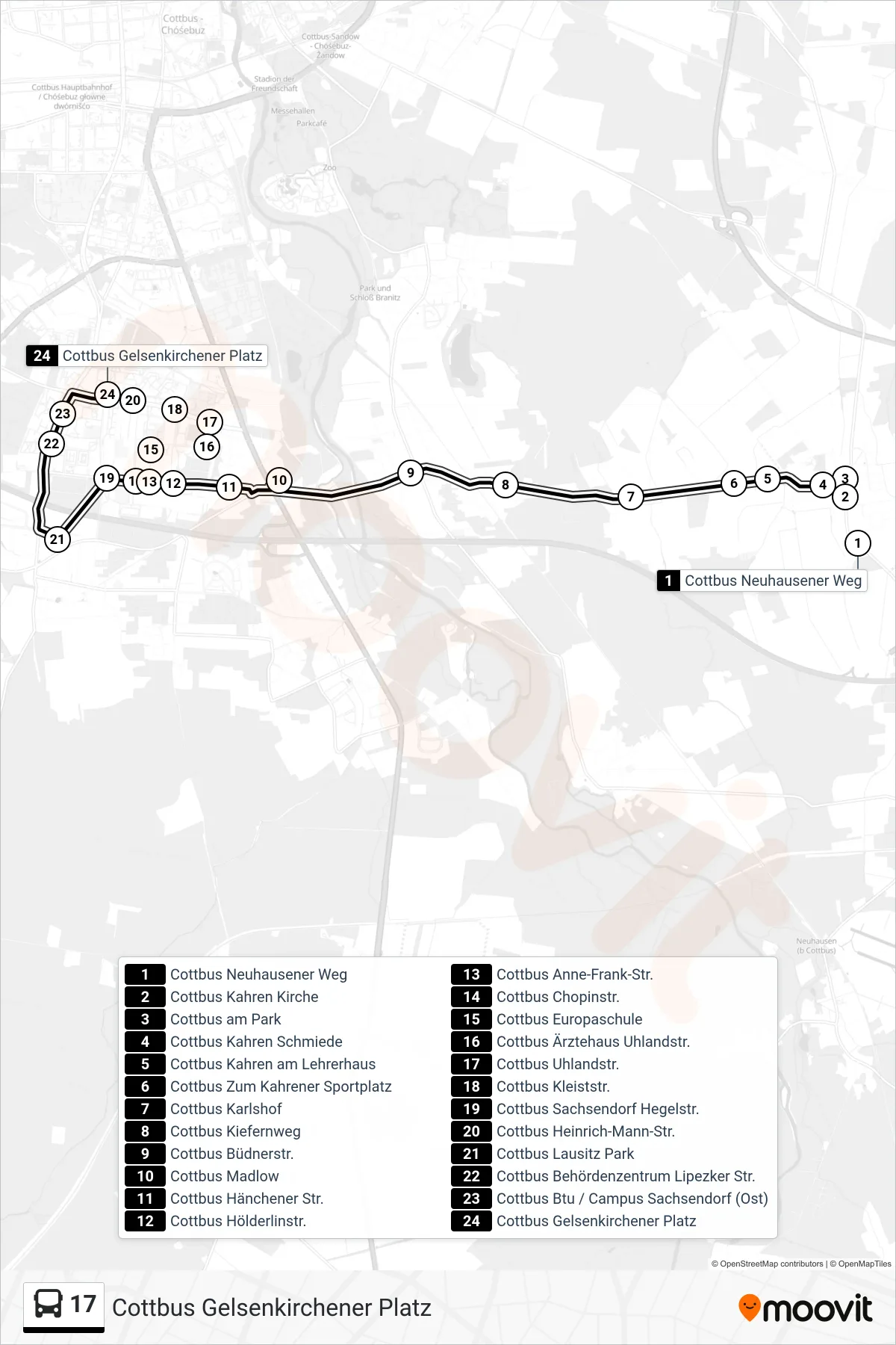 17 bus Line (Cottbus Gelsenkirchener Platz) route and stops on a map