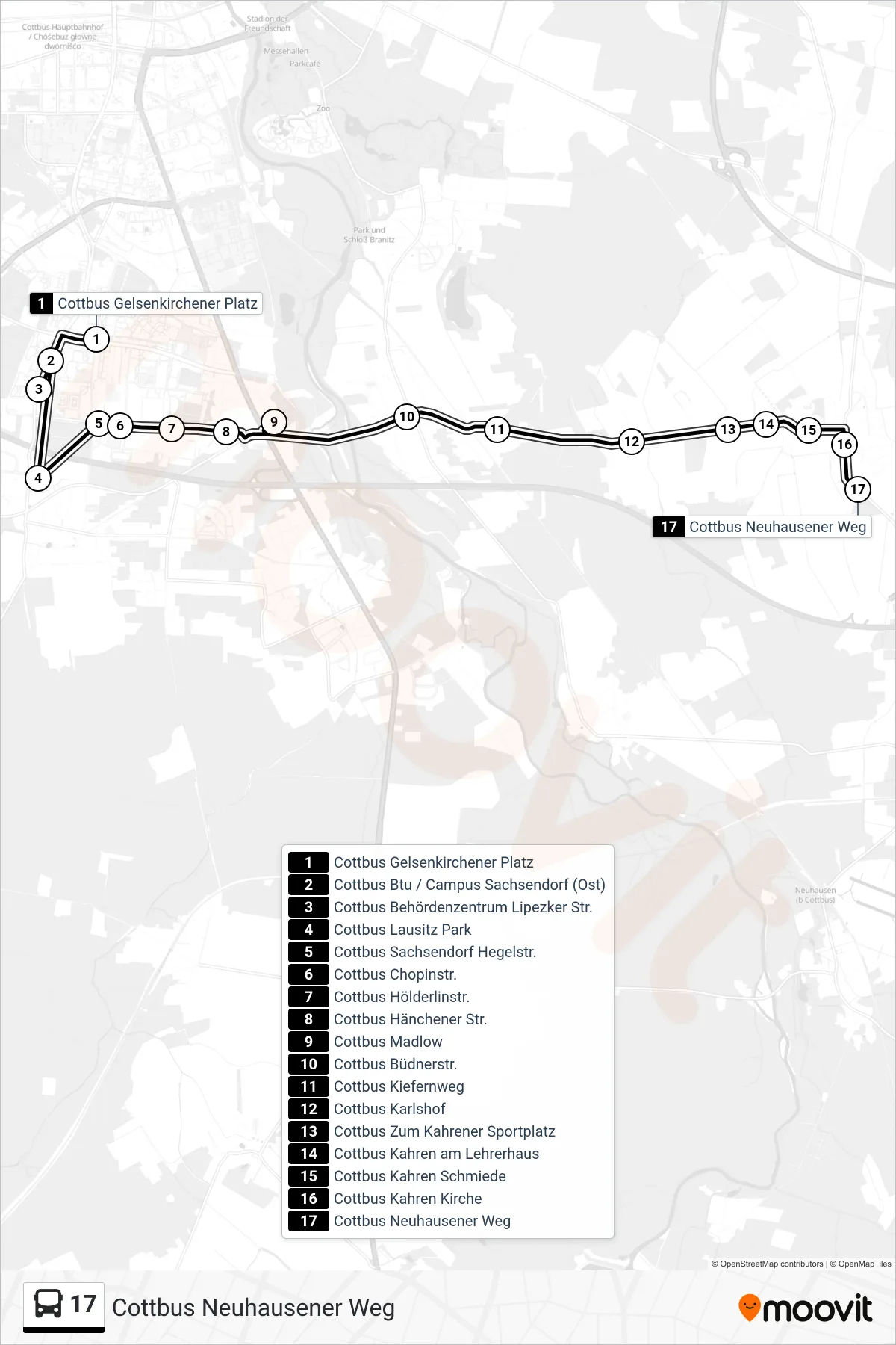 Linie 17 (Bus) Richtung Cottbus Neuhausener Weg: Route und Haltestellen auf der Karte