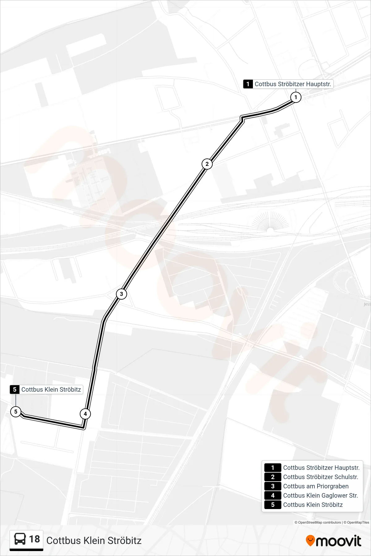 Linie 18 (Bus) Richtung Cottbus Klein Ströbitz: Route und Haltestellen auf der Karte