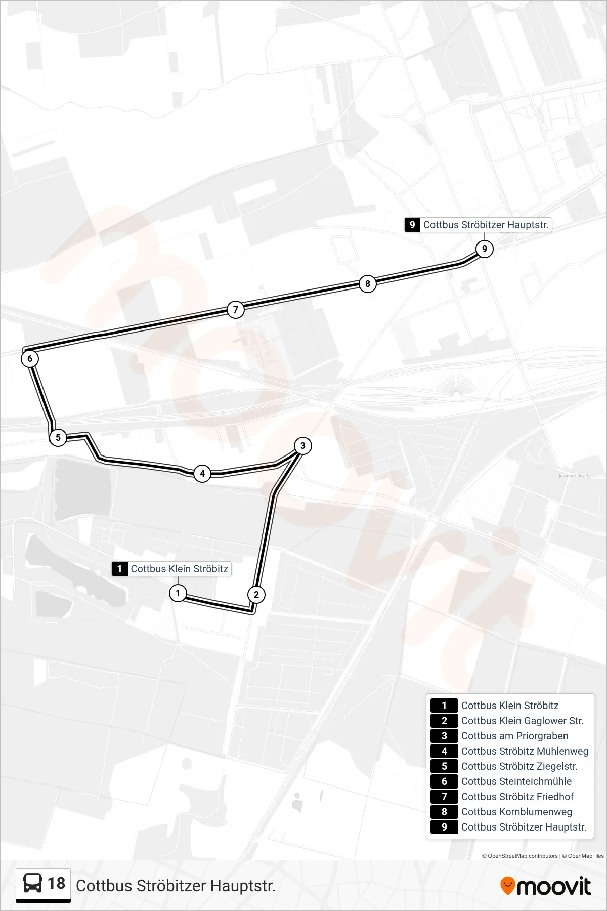 Linie 18 (Bus) Richtung Cottbus Ströbitzer Hauptstr.: Route und Haltestellen auf der Karte
