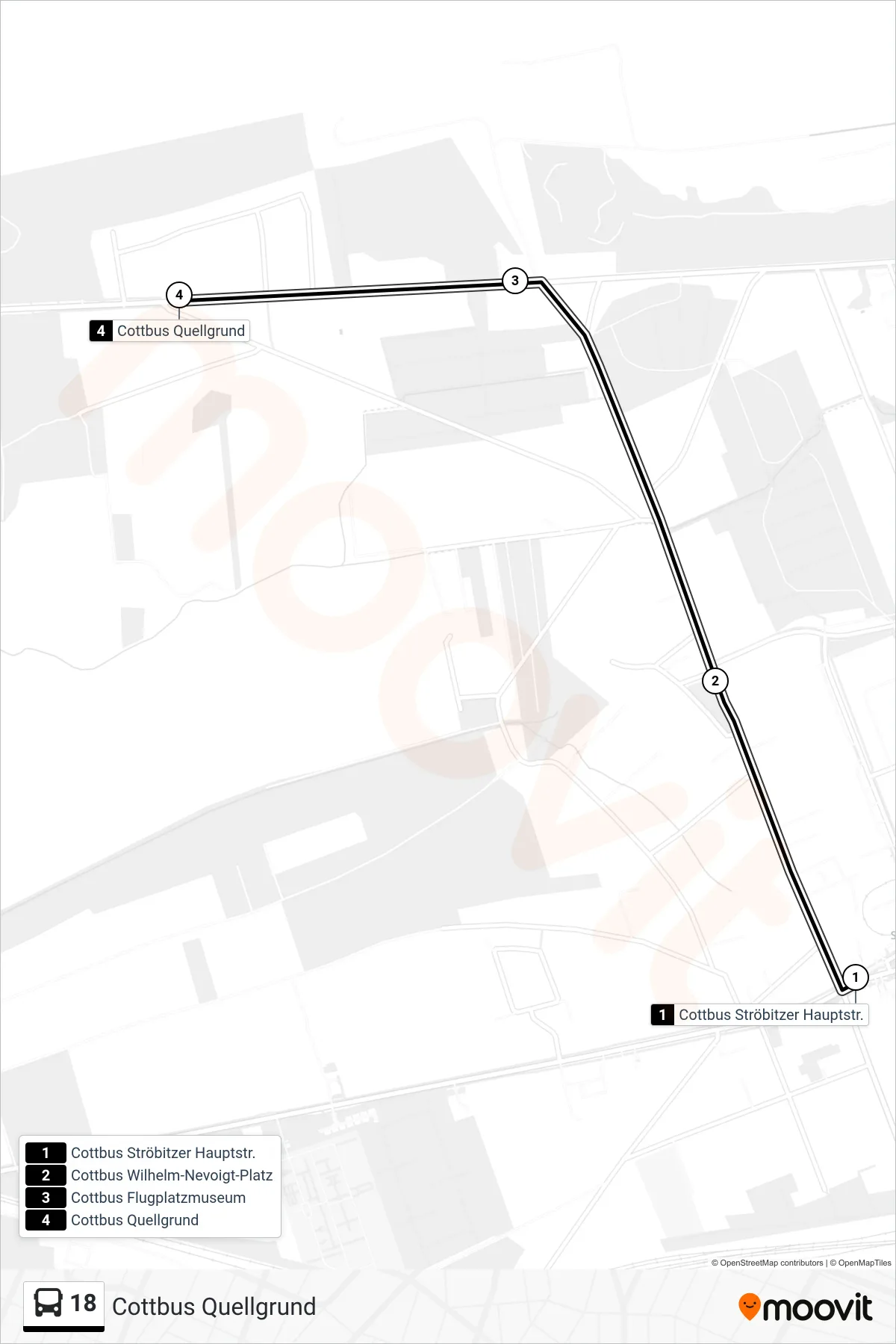 Linie 18 (Bus) Richtung Cottbus Quellgrund: Route und Haltestellen auf der Karte