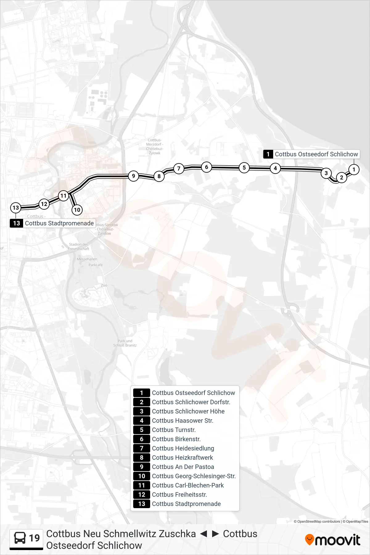 19 bus Line (Cottbus Stadtpromenade) route and stops on a map