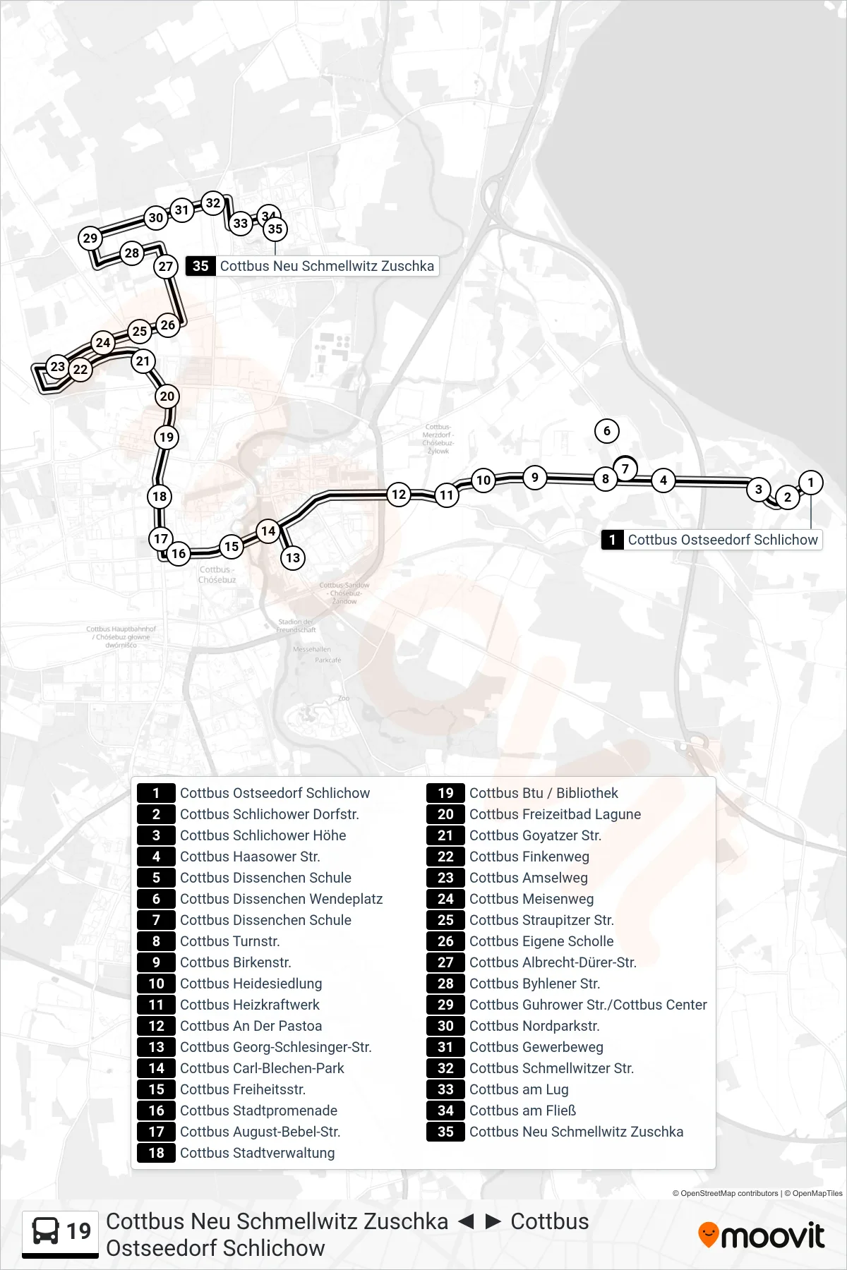 Linie 19 (Bus) Richtung Cottbus Neu Schmellwitz Zuschka: Route und Haltestellen auf der Karte