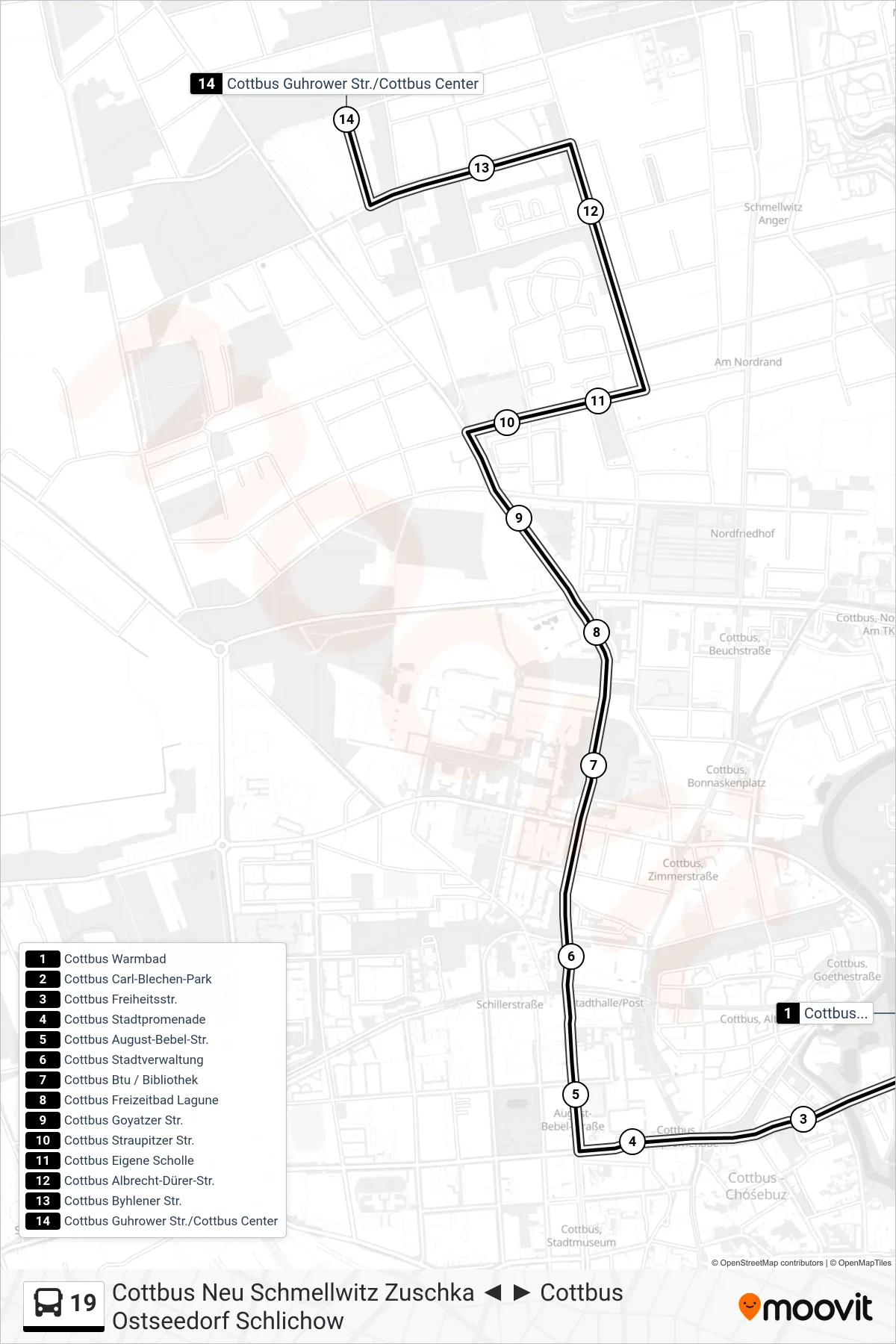 Linie 19 (Bus) Richtung Cottbus Guhrower Str./Cottbus Center: Route und Haltestellen auf der Karte