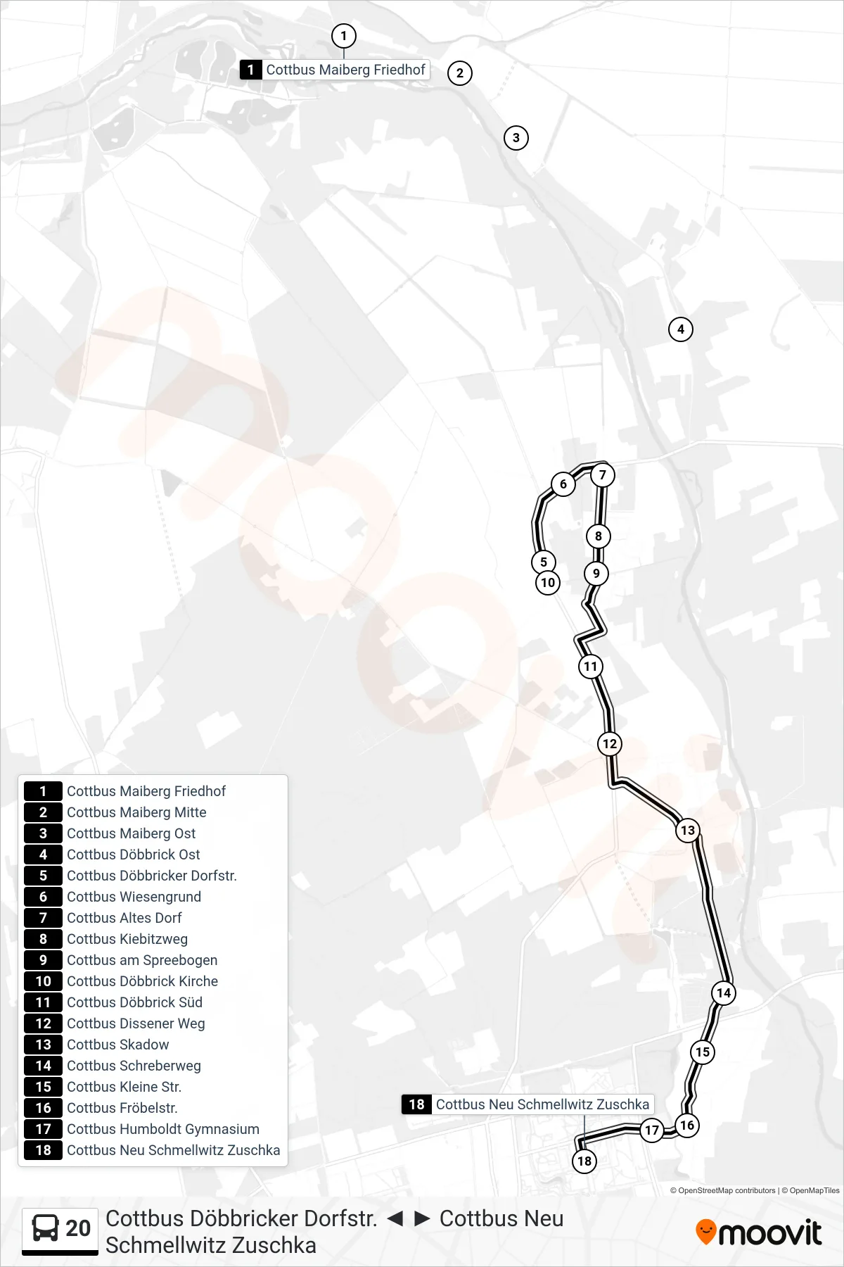 Linie 20 (Bus) Richtung Cottbus Neu Schmellwitz Zuschka: Route und Haltestellen auf der Karte