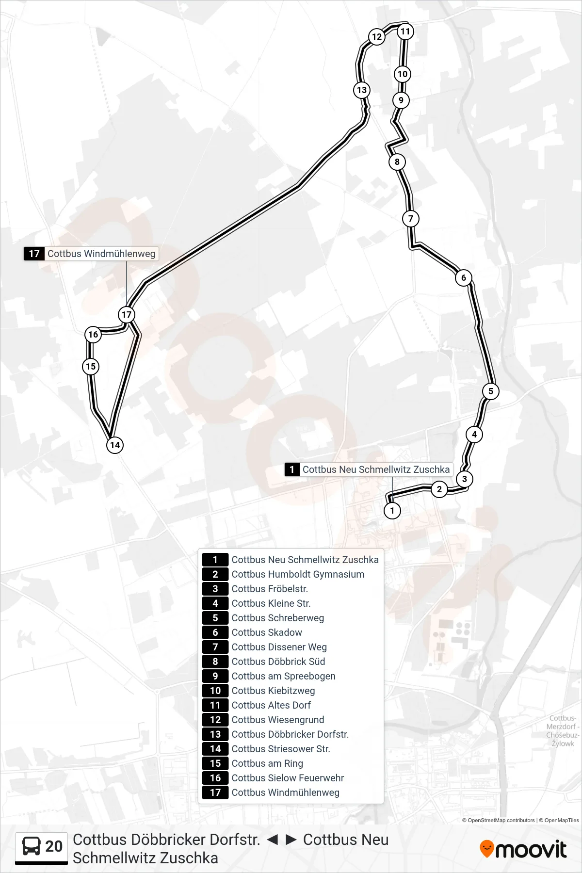 Linie 20 (Bus) Richtung Cottbus Windmühlenweg: Route und Haltestellen auf der Karte