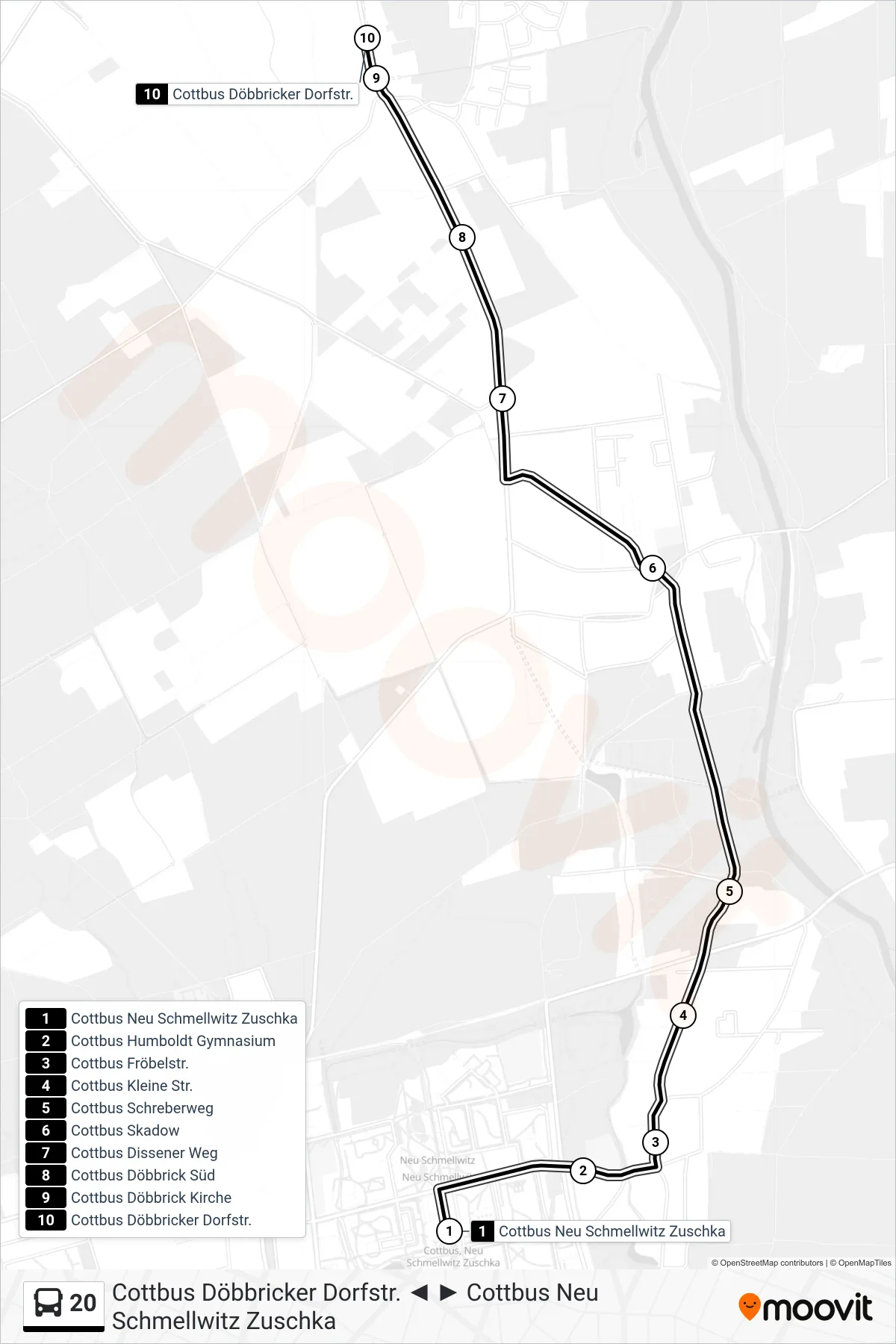 Linie 20 (Bus) Richtung Cottbus Döbbricker Dorfstr.: Route und Haltestellen auf der Karte