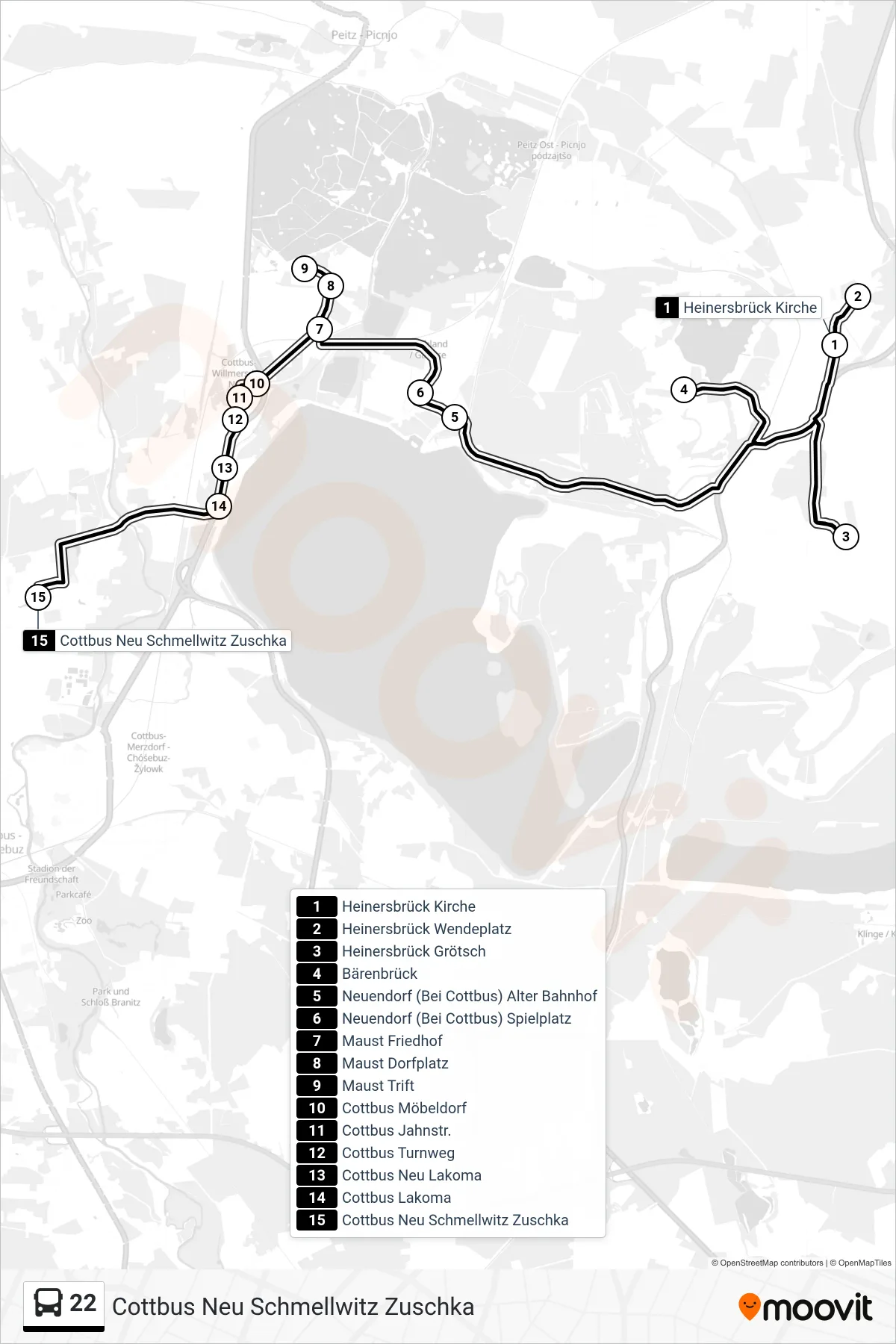 Linie 22 (Bus) Richtung Cottbus Neu Schmellwitz Zuschka: Route und Haltestellen auf der Karte