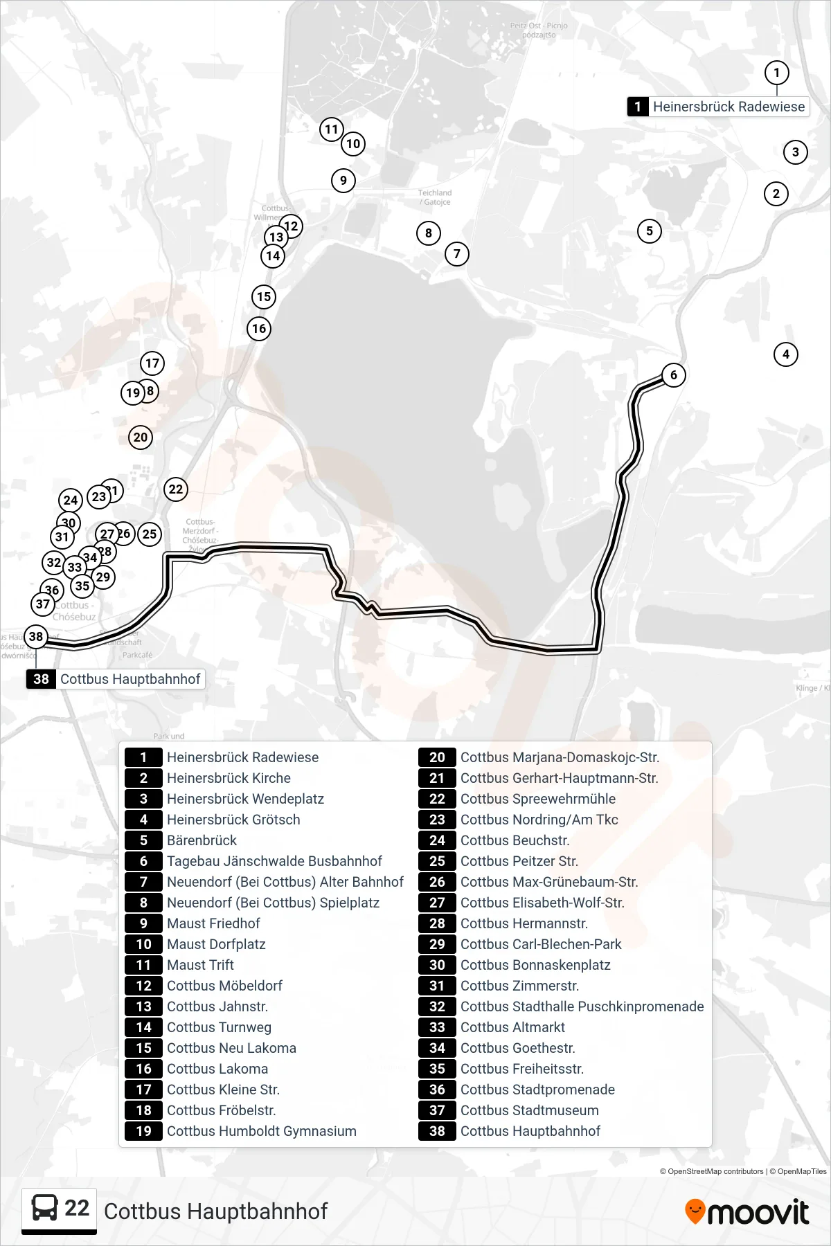 Linie 22 (Bus) Richtung Cottbus Hauptbahnhof: Route und Haltestellen auf der Karte