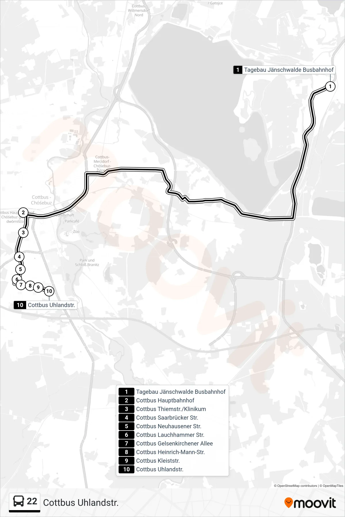 22 bus Line (Cottbus Uhlandstr.) route and stops on a map