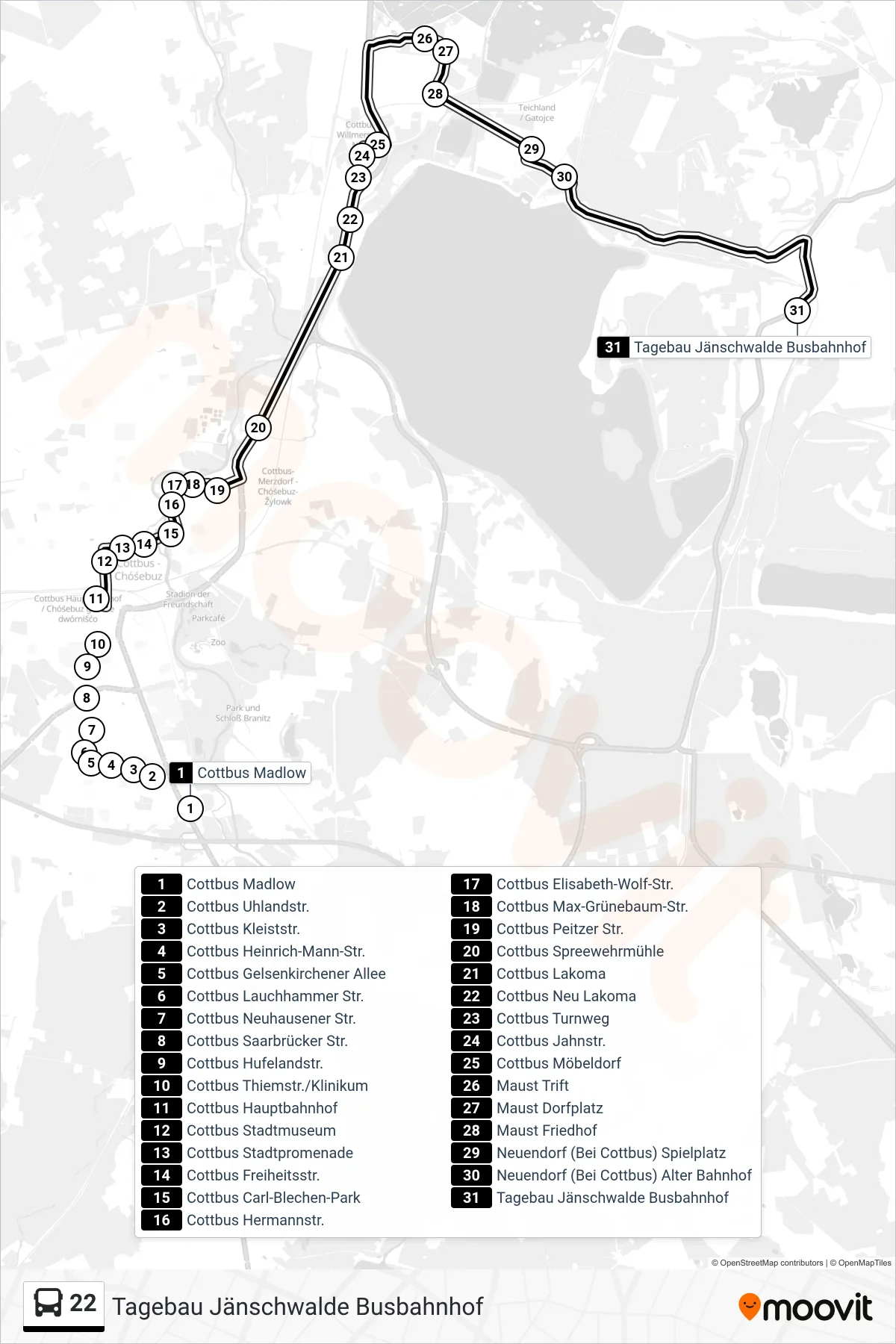 Linie 22 (Bus) Richtung Tagebau Jänschwalde Busbahnhof: Route und Haltestellen auf der Karte