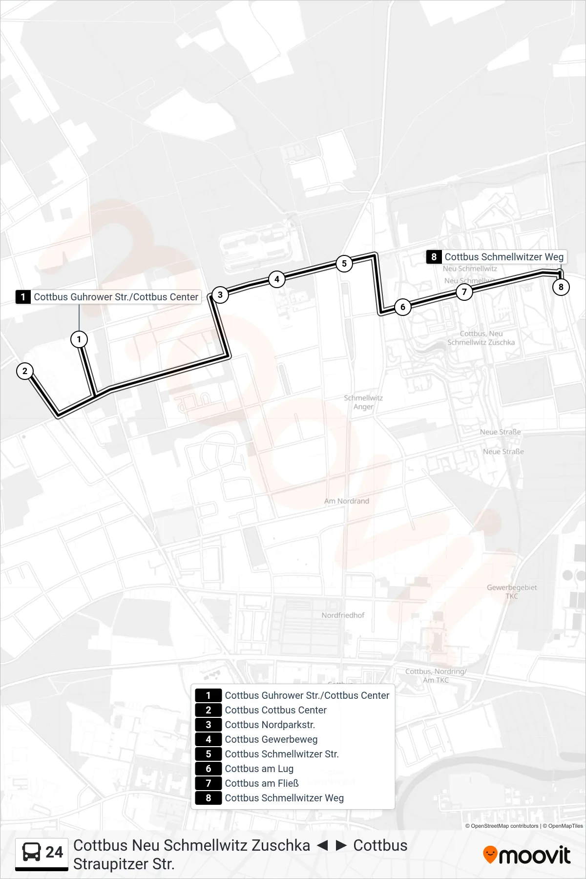 Linie 24 (Bus) Richtung Cottbus Schmellwitzer Weg: Route und Haltestellen auf der Karte