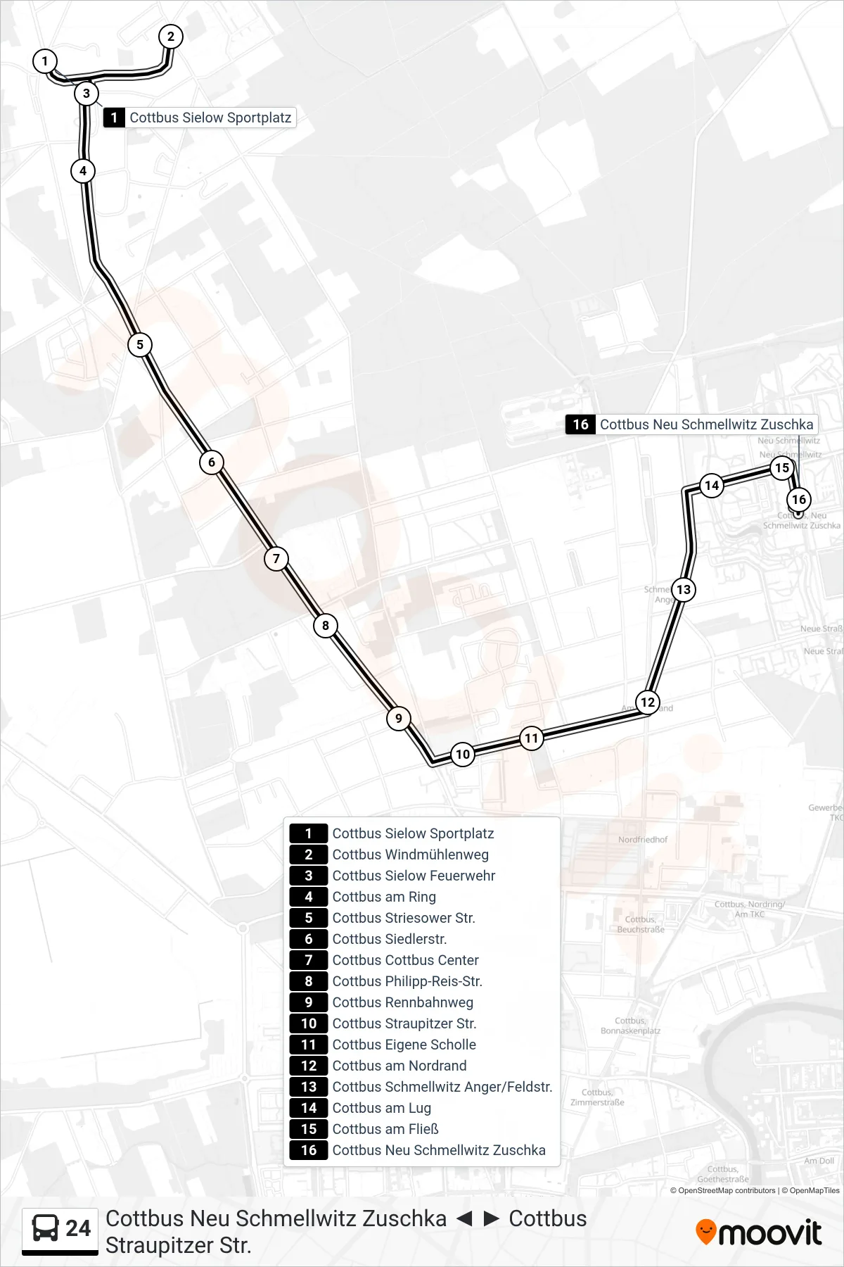 Linie 24 (Bus) Richtung Cottbus Neu Schmellwitz Zuschka: Route und Haltestellen auf der Karte