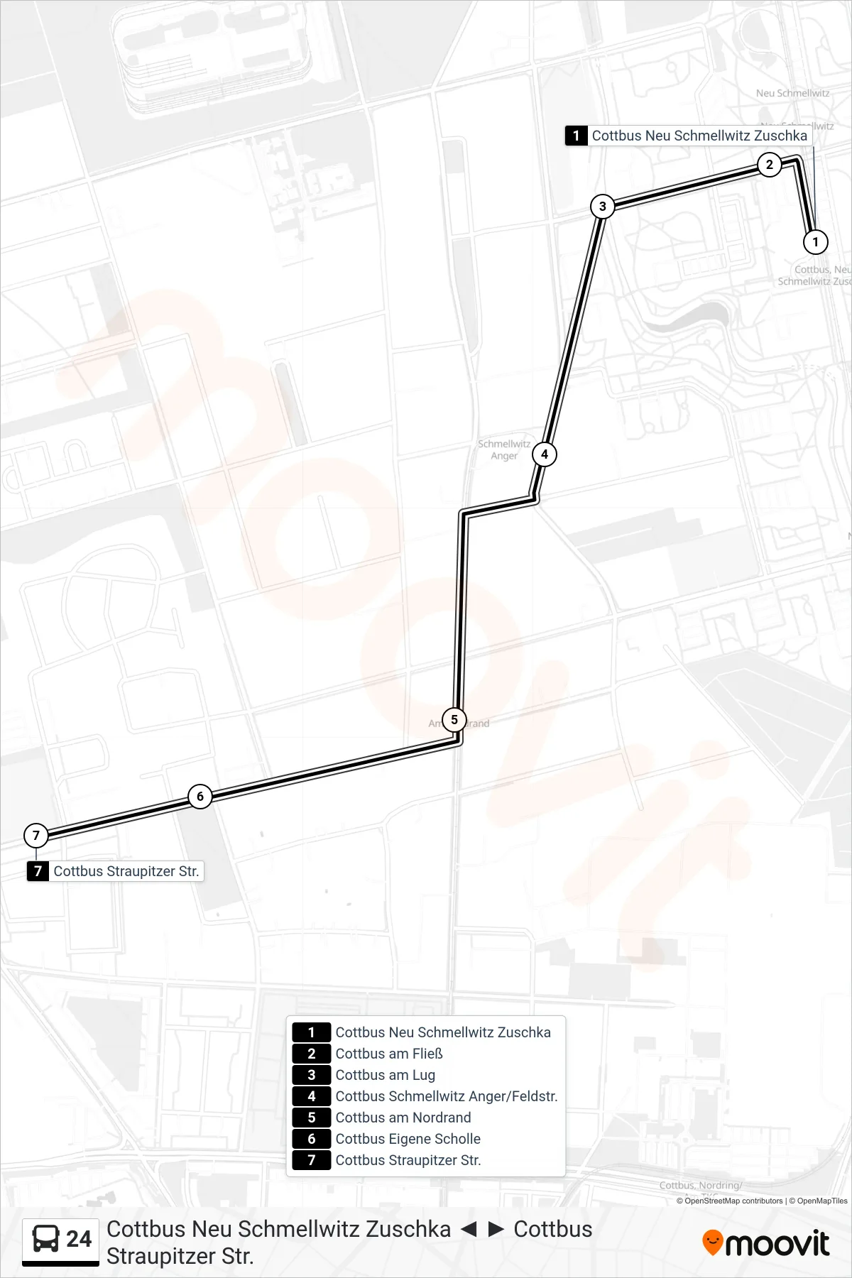24 bus Line (Cottbus Straupitzer Str.) route and stops on a map