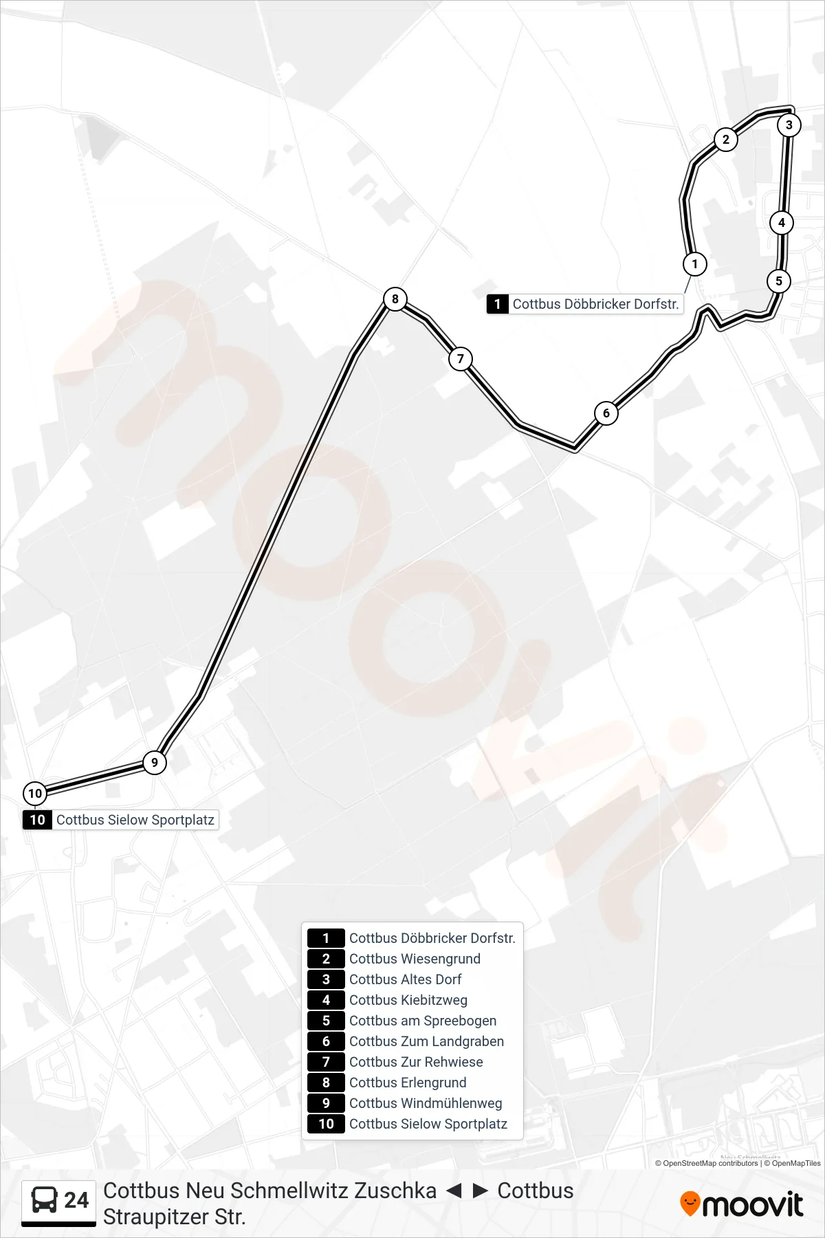 Linie 24 (Bus) Richtung Cottbus Sielow Sportplatz: Route und Haltestellen auf der Karte